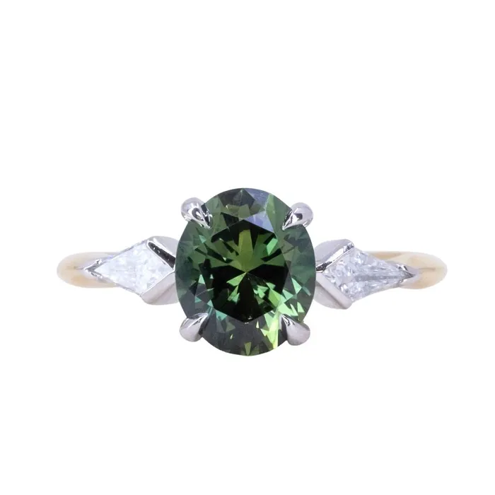 Anueva Jewelry Rings 215ct Oval Australian Sapphire and Natural Kite Diamond Three Stone Ring in Two Tone 18k Yellow and Platinum