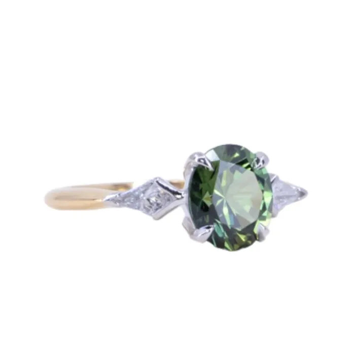 Anueva Jewelry Rings 215ct Oval Australian Sapphire and Natural Kite Diamond Three Stone Ring in Two Tone 18k Yellow and Platinum