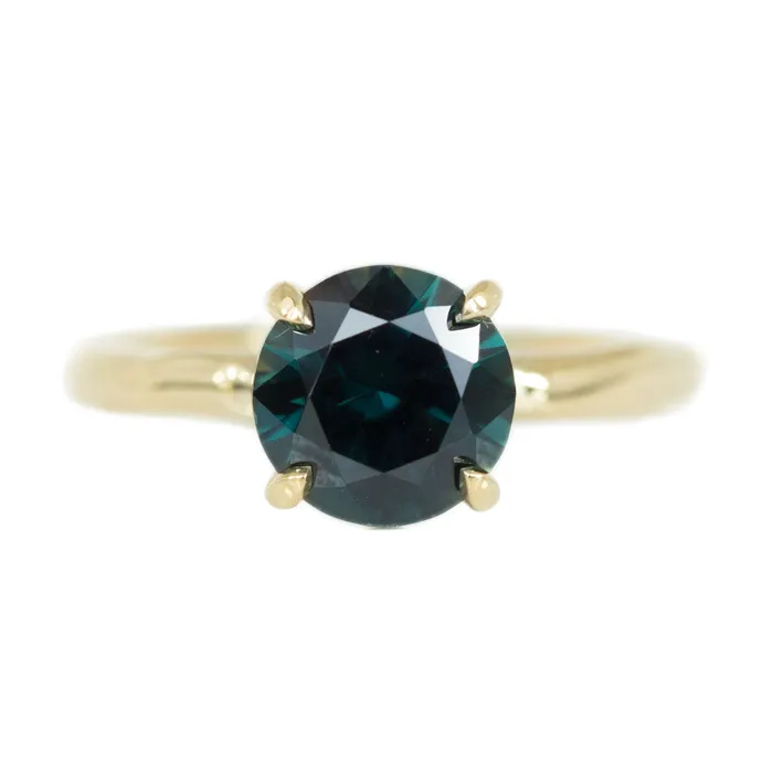 Anueva Jewelry Rings 266 round deep teal blue green sapphire Alluvial solitaire ring in 18k yellow gold Anueva Jewelry Rings 266 round deep teal blue green sapphire Alluvial solitaire ring in 18k yellow gold