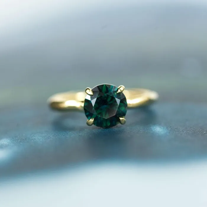 Anueva Jewelry Rings 266 round deep teal blue green sapphire Alluvial solitaire ring in 18k yellow gold