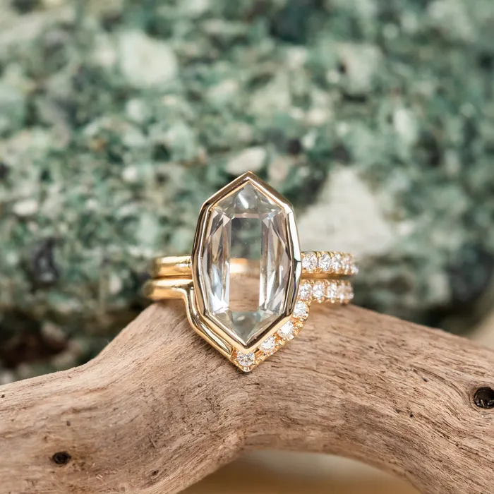 Anueva Jewelry Rings 419ct Untreated Hexagon Portrait Cut Seaglass Colored Sapphire Bezel Set and Asymmetrical Diamond Ring with Curved Diamond Band In 18k Yellow Gold
