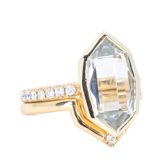 Anueva Jewelry Rings 419ct Untreated Hexagon Portrait Cut Seaglass Colored Sapphire Bezel Set and Asymmetrical Diamond Ring with Curved Diamond Band In 18k Yellow Gold
