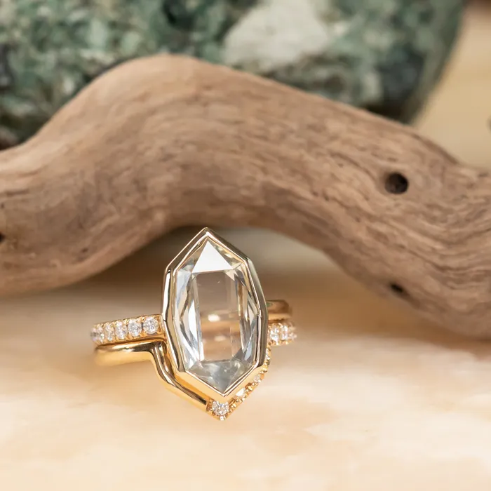Anueva Jewelry Rings 419ct Untreated Hexagon Portrait Cut Seaglass Colored Sapphire Bezel Set and Asymmetrical Diamond Ring with Curved Diamond Band In 18k Yellow Gold