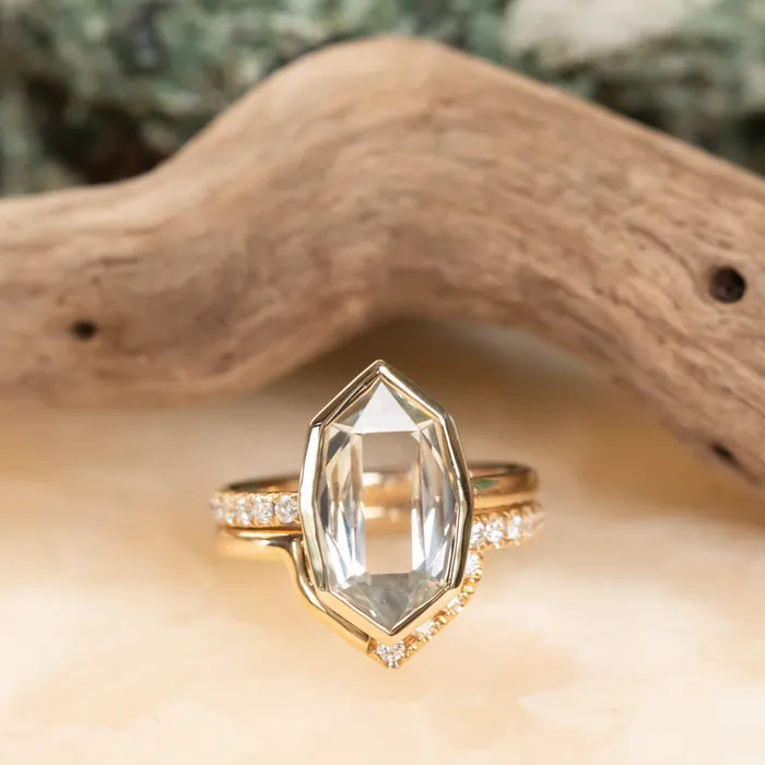 Anueva Jewelry Rings 419ct Untreated Hexagon Portrait Cut Seaglass Colored Sapphire Bezel Set and Asymmetrical Diamond Ring with Curved Diamond Band In 18k Yellow Gold