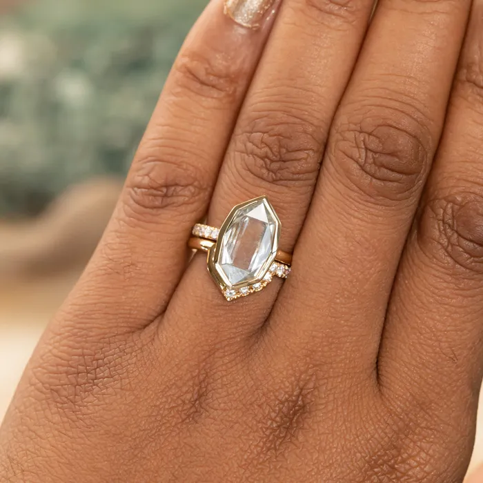 Anueva Jewelry Rings 419ct Untreated Hexagon Portrait Cut Seaglass Colored Sapphire Bezel Set and Asymmetrical Diamond Ring with Curved Diamond Band In 18k Yellow Gold