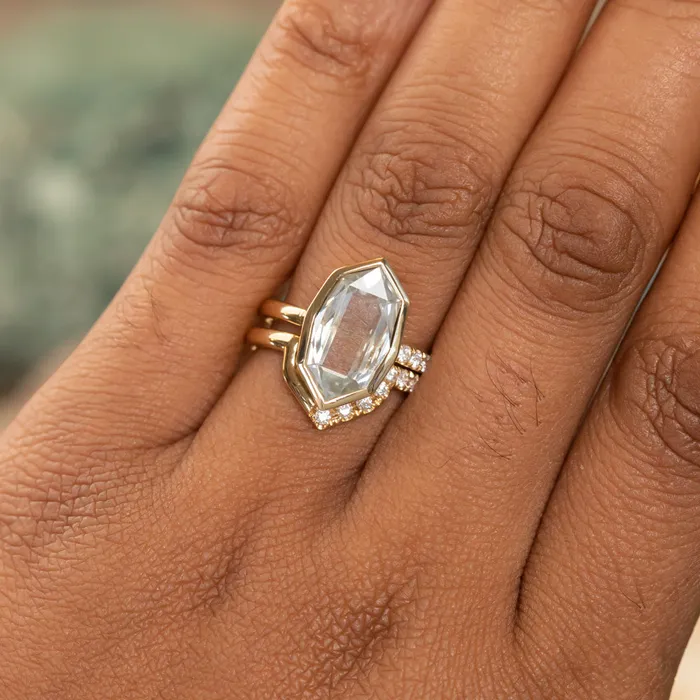 Anueva Jewelry Rings 419ct Untreated Hexagon Portrait Cut Seaglass Colored Sapphire Bezel Set and Asymmetrical Diamond Ring with Curved Diamond Band In 18k Yellow Gold