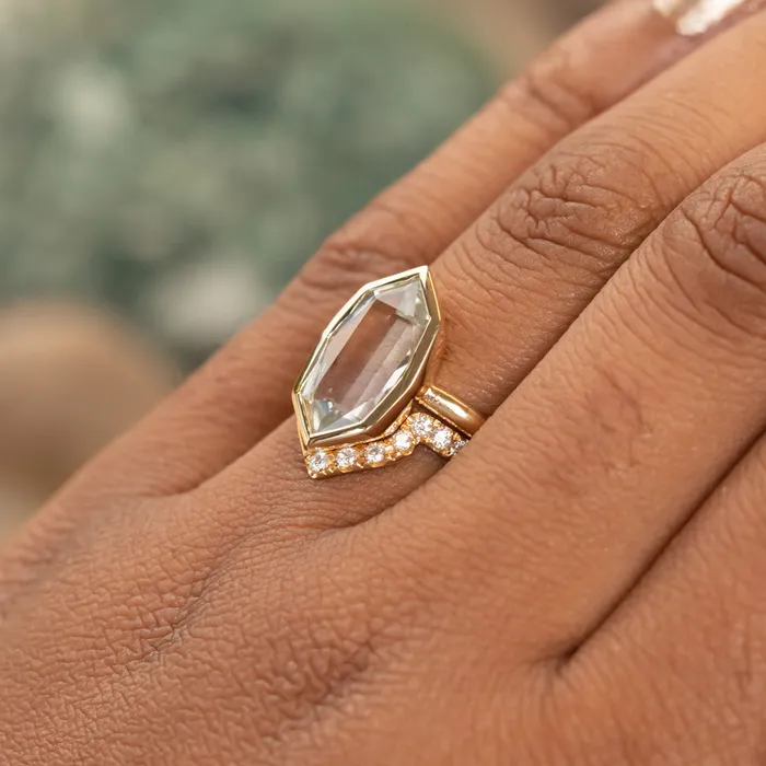 Anueva Jewelry Rings 419ct Untreated Hexagon Portrait Cut Seaglass Colored Sapphire Bezel Set and Asymmetrical Diamond Ring with Curved Diamond Band In 18k Yellow Gold