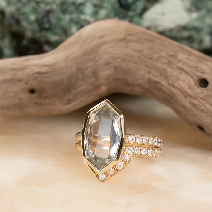 Anueva Jewelry Rings 419ct Untreated Hexagon Portrait Cut Seaglass Colored Sapphire Bezel Set and Asymmetrical Diamond Ring with Curved Diamond Band In 18k Yellow Gold