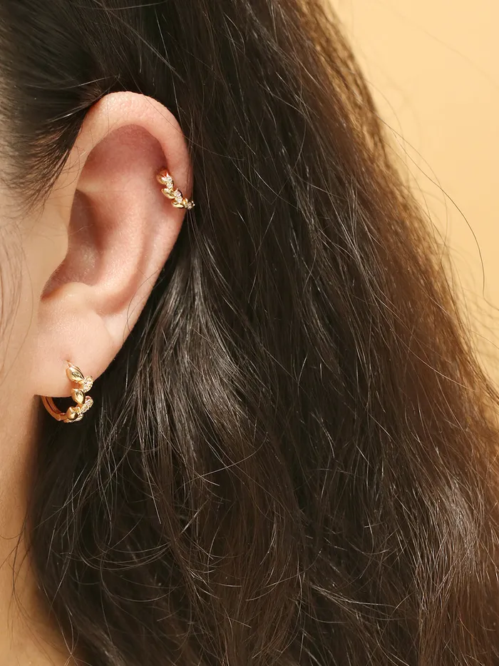 Earrings 14K 18K Gold Laurel Leaf Cubic Cartilage Hoop Earring MinimalBijoux