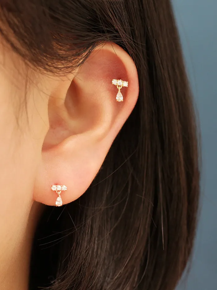 Earrings 14K gold Tear Drop Cubic Bar cartilage earring 20g MinimalBijoux