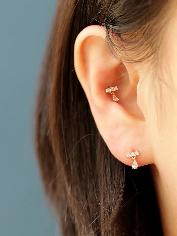 Earrings 14K gold Tear Drop Cubic Bar cartilage earring 20g MinimalBijoux
