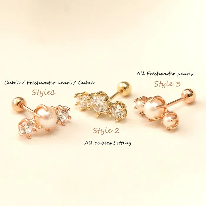 Earrings MinimalBijoux 14K Gold Crown Triple Pearl Cubic Cartilage Earring 20G18G16G