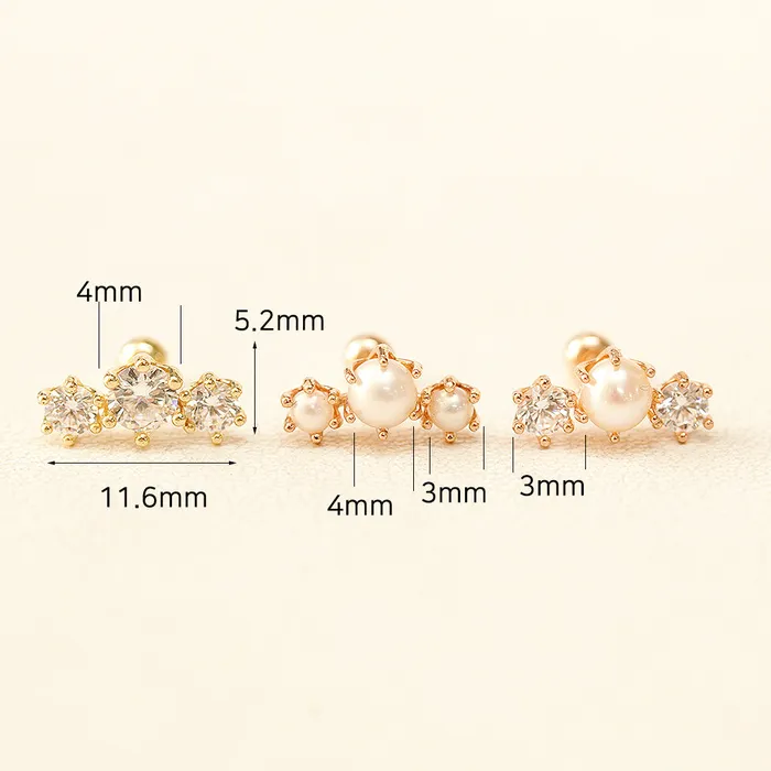 Earrings MinimalBijoux 14K Gold Crown Triple Pearl Cubic Cartilage Earring 20G18G16G