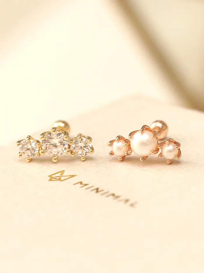 Earrings MinimalBijoux 14K Gold Crown Triple Pearl Cubic Cartilage Earring 20G18G16G