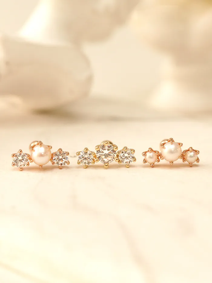 Earrings MinimalBijoux 14K Gold Crown Triple Pearl Cubic Cartilage Earring 20G18G16G