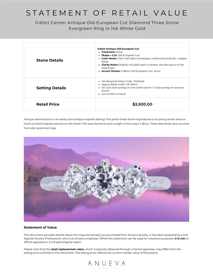 Fancy Diamonds Rings 060ct Center Antique Old European Cut Diamond Three Stone Evergreen Ring in 14k White Gold