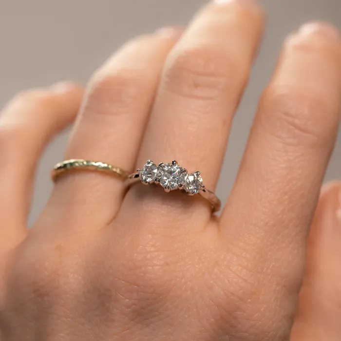Fancy Diamonds Rings 060ct Center Antique Old European Cut Diamond Three Stone Evergreen Ring in 14k White Gold