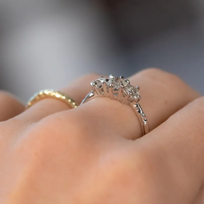 Fancy Diamonds Rings 060ct Center Antique Old European Cut Diamond Three Stone Evergreen Ring in 14k White Gold