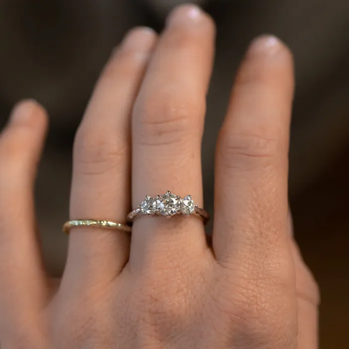 Fancy Diamonds Rings 060ct Center Antique Old European Cut Diamond Three Stone Evergreen Ring in 14k White Gold