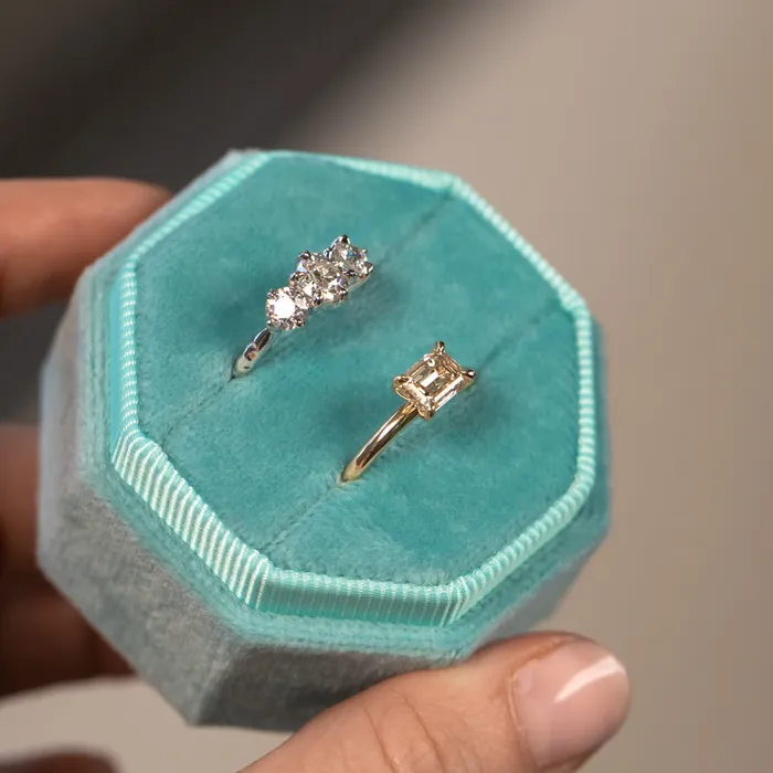 Fancy Diamonds Rings 060ct Center Antique Old European Cut Diamond Three Stone Evergreen Ring in 14k White Gold