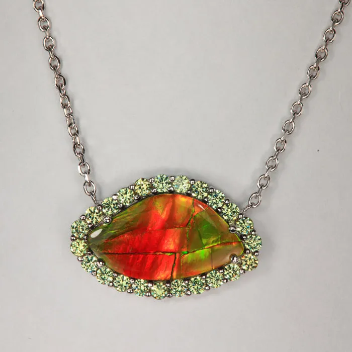 Moriartys Gem Art 14K White Gold Ammolite and Demantoid Garnet Necklace 1000cts Necklaces Moriartys Gem Art 14K White Gold Ammolite and Demantoid Garnet Necklace 1000cts Necklaces