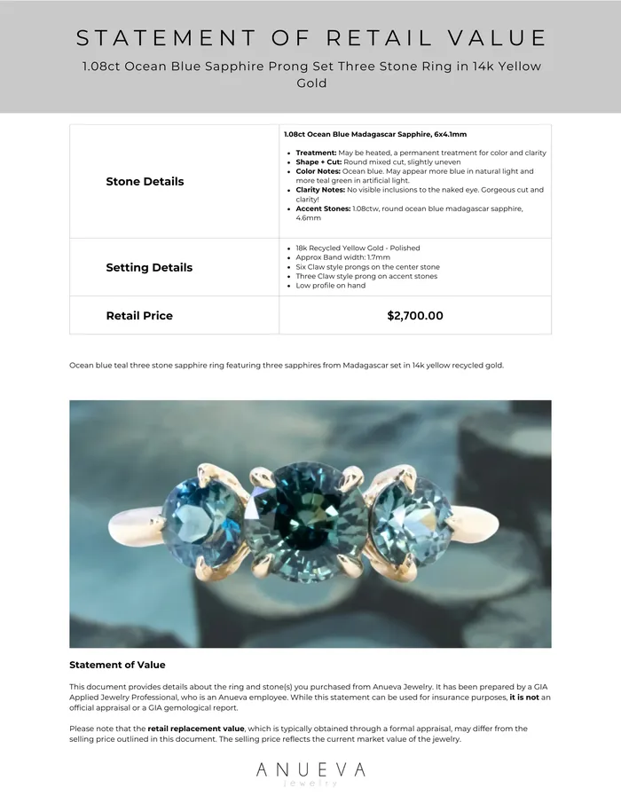 Nashan Rings 108ct Ocean Blue Sapphire Prong Set Three Stone Ring in 14k Yellow Gold