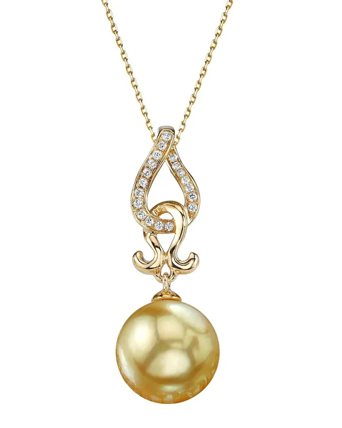 Necklaces SPT Golden South Sea Pearl Diamond Pas de Valse Pendant