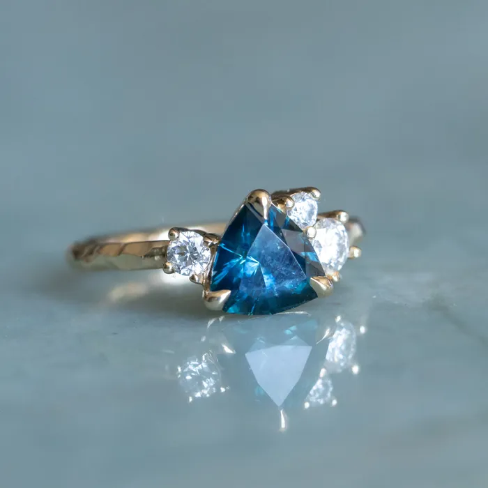 potentate Rings 176ct Trillion Ocean Blue Montana Sapphire and Natural Diamond Mountainscape Ring in 14k Yellow Gold