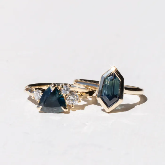 potentate Rings 176ct Trillion Ocean Blue Montana Sapphire and Natural Diamond Mountainscape Ring in 14k Yellow Gold