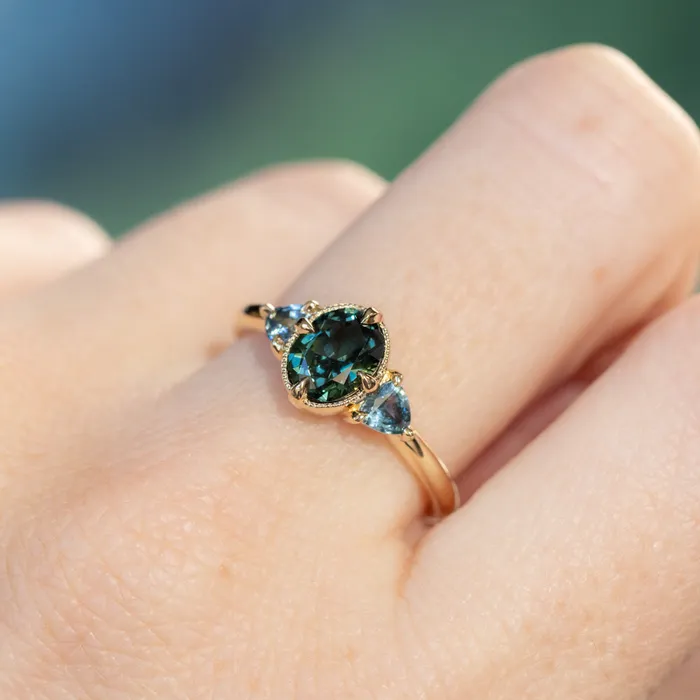 Rings 129ct Oval Deep Teal Green Australian Sapphire and Trillion Sapphire Antique Low Profile Ring in 14k Yellow Gold Anueva Jewelry