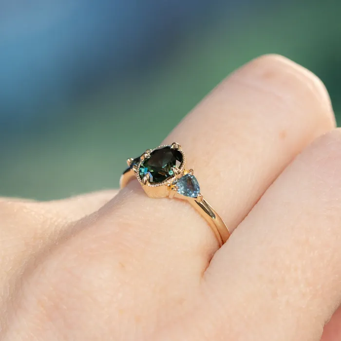 Rings 129ct Oval Deep Teal Green Australian Sapphire and Trillion Sapphire Antique Low Profile Ring in 14k Yellow Gold Anueva Jewelry