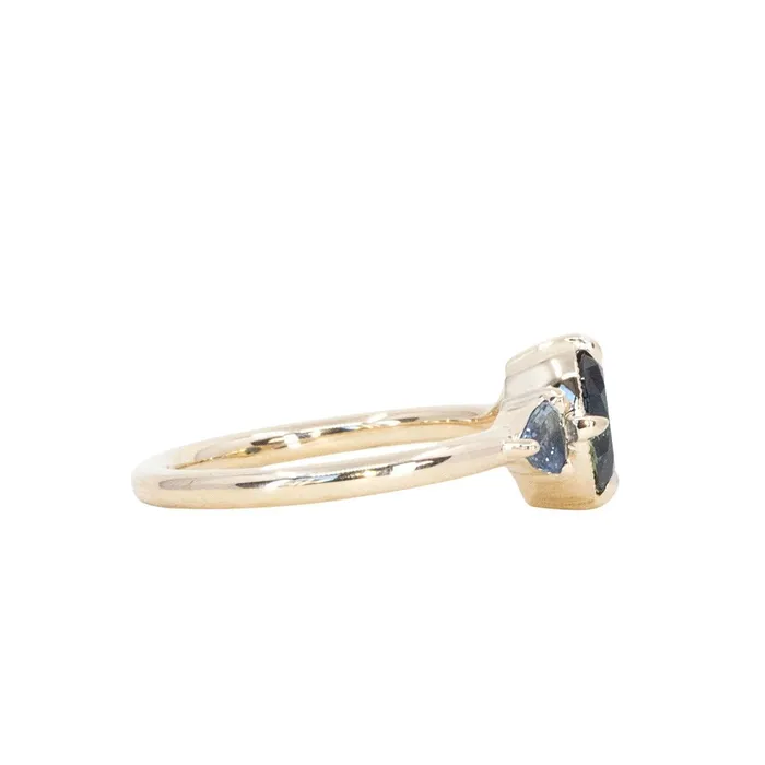 Rings 129ct Oval Deep Teal Green Australian Sapphire and Trillion Sapphire Antique Low Profile Ring in 14k Yellow Gold Anueva Jewelry