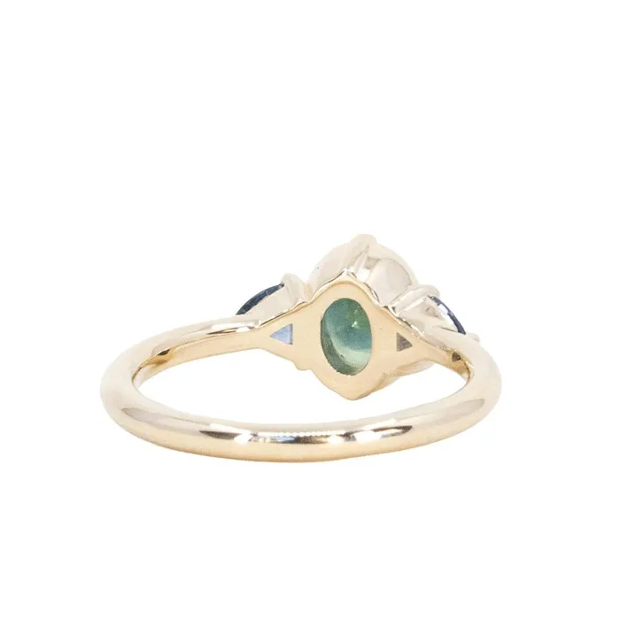 Rings 129ct Oval Deep Teal Green Australian Sapphire and Trillion Sapphire Antique Low Profile Ring in 14k Yellow Gold Anueva Jewelry