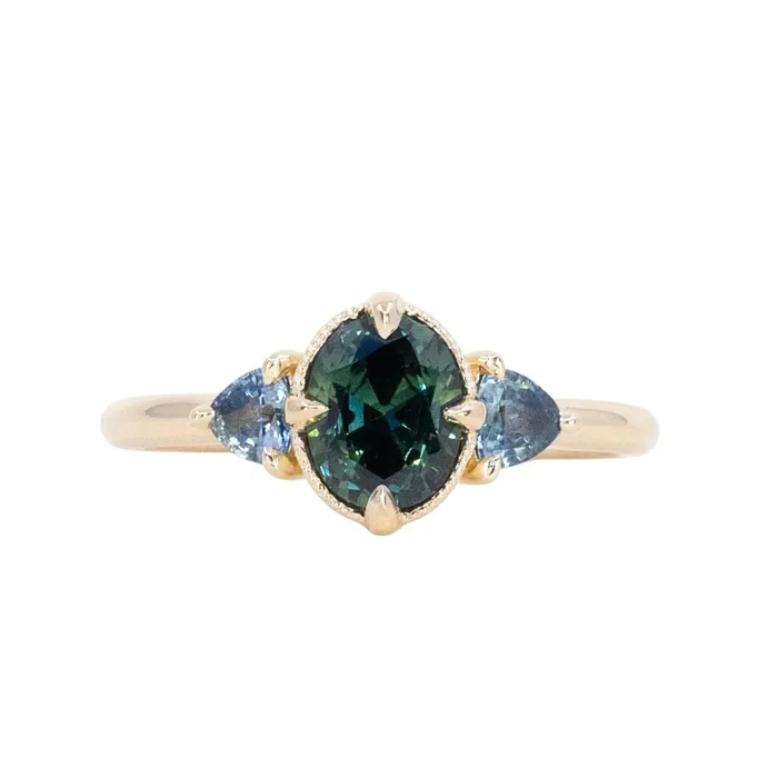 Rings 129ct Oval Deep Teal Green Australian Sapphire and Trillion Sapphire Antique Low Profile Ring in 14k Yellow Gold Anueva Jewelry