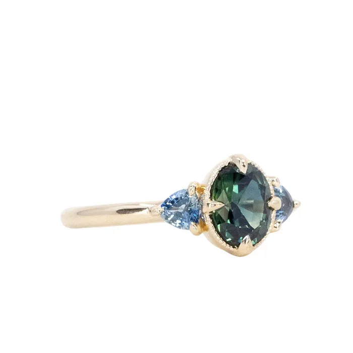 Rings 129ct Oval Deep Teal Green Australian Sapphire and Trillion Sapphire Antique Low Profile Ring in 14k Yellow Gold Anueva Jewelry