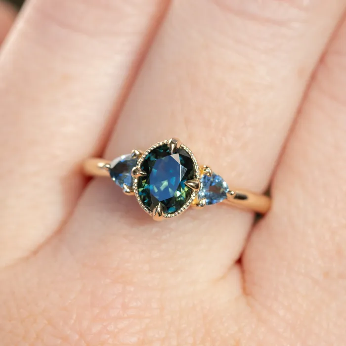 Rings 129ct Oval Deep Teal Green Australian Sapphire and Trillion Sapphire Antique Low Profile Ring in 14k Yellow Gold Anueva Jewelry