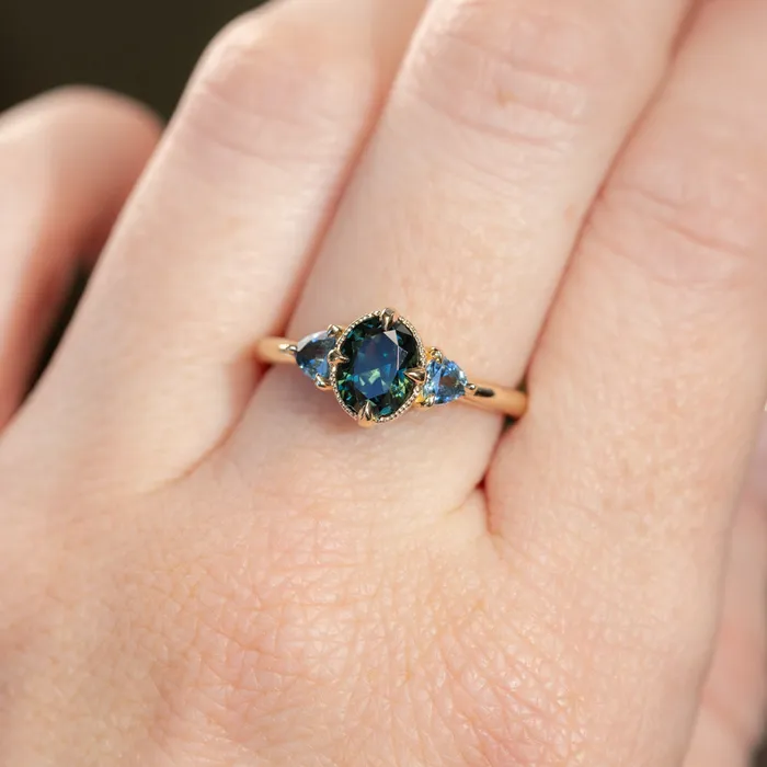 Rings 129ct Oval Deep Teal Green Australian Sapphire and Trillion Sapphire Antique Low Profile Ring in 14k Yellow Gold Anueva Jewelry