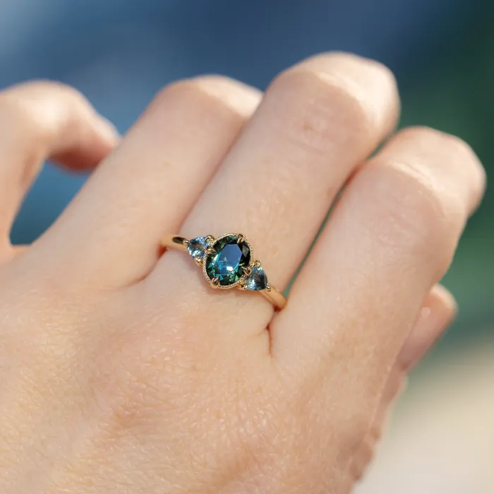 Rings 129ct Oval Deep Teal Green Australian Sapphire and Trillion Sapphire Antique Low Profile Ring in 14k Yellow Gold Anueva Jewelry
