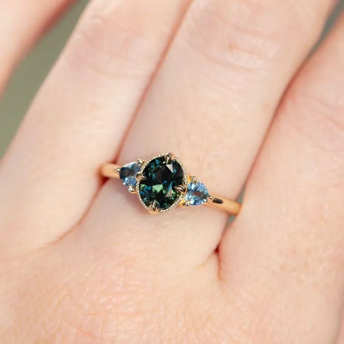 Rings 129ct Oval Deep Teal Green Australian Sapphire and Trillion Sapphire Antique Low Profile Ring in 14k Yellow Gold Anueva Jewelry