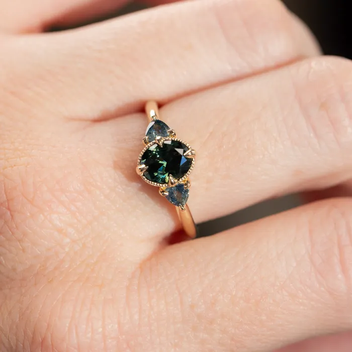 Rings 129ct Oval Deep Teal Green Australian Sapphire and Trillion Sapphire Antique Low Profile Ring in 14k Yellow Gold Anueva Jewelry