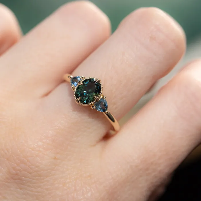 Rings 129ct Oval Deep Teal Green Australian Sapphire and Trillion Sapphire Antique Low Profile Ring in 14k Yellow Gold Anueva Jewelry