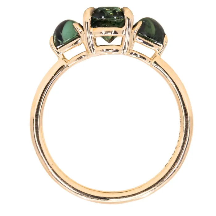 Rings 163ct Oval African Teal Blue Sapphire and Tourmaline Cabochon Trillion Three Stone Ring in 14K Yellow Gold Discovery Gems