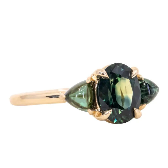 Rings 163ct Oval African Teal Blue Sapphire and Tourmaline Cabochon Trillion Three Stone Ring in 14K Yellow Gold Discovery Gems
