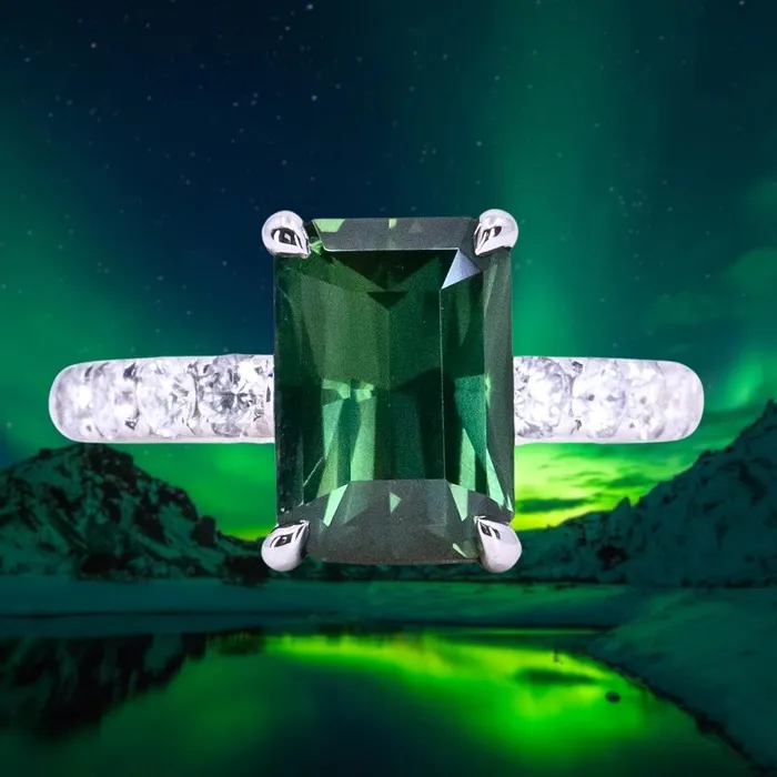Rings 426ct Madagascar Radiant Cut Green Sapphire Solitaire Ring with French Set Diamonds in 18k White Gold Anueva Jewelry Rings 426ct Madagascar Radiant Cut Green Sapphire Solitaire Ring with French Set Diamonds in 18k White Gold Anueva Jewelry