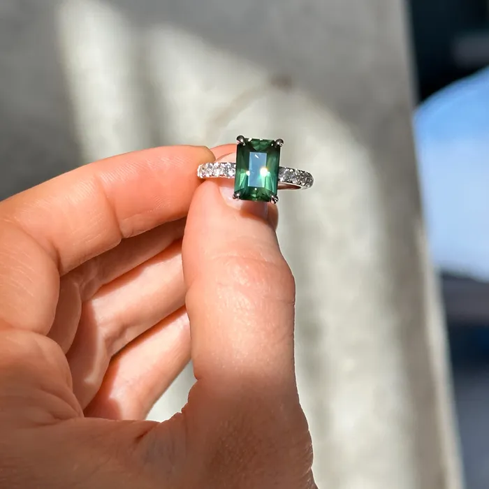 Rings 426ct Madagascar Radiant Cut Green Sapphire Solitaire Ring with French Set Diamonds in 18k White Gold Anueva Jewelry