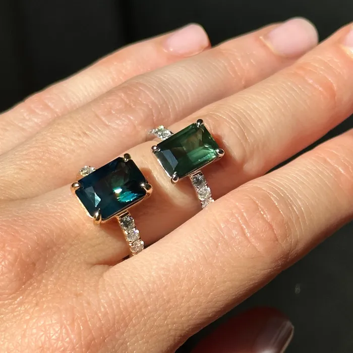 Rings 426ct Madagascar Radiant Cut Green Sapphire Solitaire Ring with French Set Diamonds in 18k White Gold Anueva Jewelry