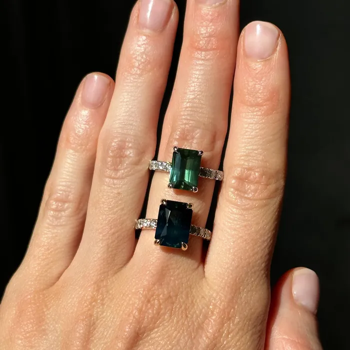 Rings 426ct Madagascar Radiant Cut Green Sapphire Solitaire Ring with French Set Diamonds in 18k White Gold Anueva Jewelry