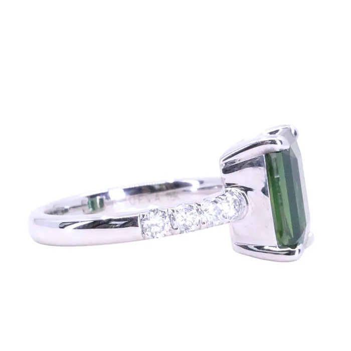 Rings 426ct Madagascar Radiant Cut Green Sapphire Solitaire Ring with French Set Diamonds in 18k White Gold Anueva Jewelry