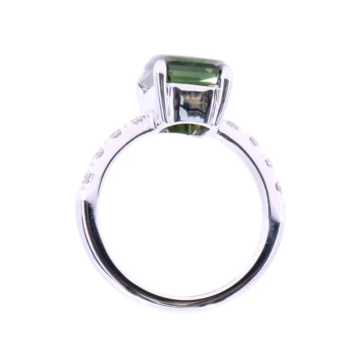 Rings 426ct Madagascar Radiant Cut Green Sapphire Solitaire Ring with French Set Diamonds in 18k White Gold Anueva Jewelry