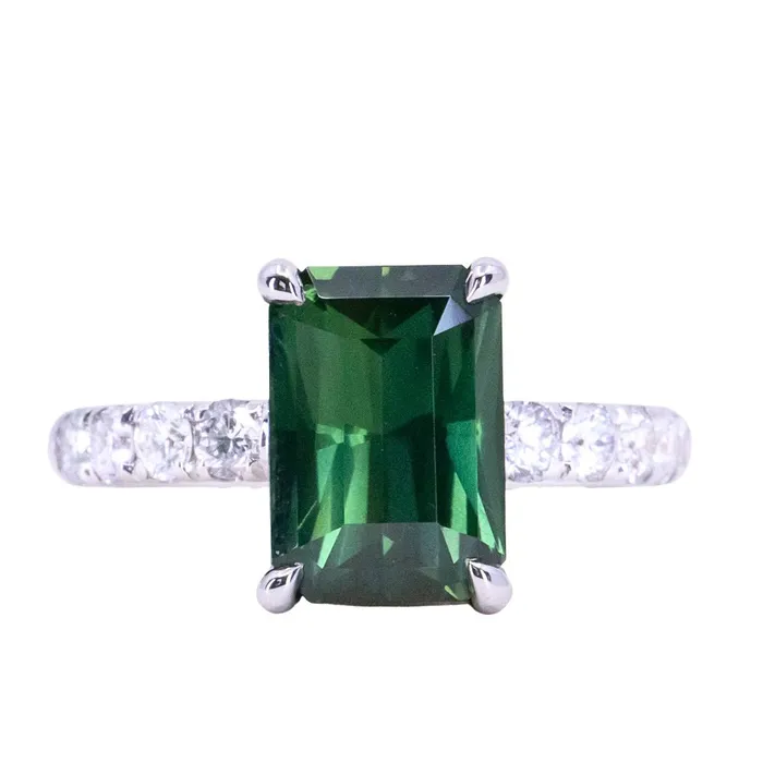 Rings 426ct Madagascar Radiant Cut Green Sapphire Solitaire Ring with French Set Diamonds in 18k White Gold Anueva Jewelry